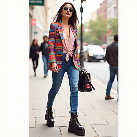 “A fashionable woman walking confidently on an urban street. She is wearing a colorful patterned jacket with vibrant designs, paired with a light pink blouse tied at the waist and blue skinny jeans. Her look is elevated with black platform lace-up boots, a...