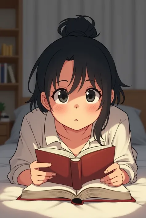 Kinda chubby young-adult girl weights 70 kilos, reading looking at the book, only eyes are seen, anime-like style, hair tied up, without bangs, black eyes, filipino, wearing shirt and pajama, lying down on stomach, eyes on the book