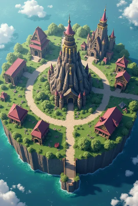 Circular continent, six surrounding cities, large central commercial city with tower, symmetrical layout, river dividing each city, surrounded by water, 3D anime style, nature city with small wooden elven houses and a large tree, walled city with pink roof...