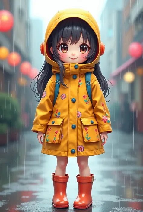 I want it to be
 an advertisement. there will be a girl waring a raincoat with boots on it should be like an anime girl 