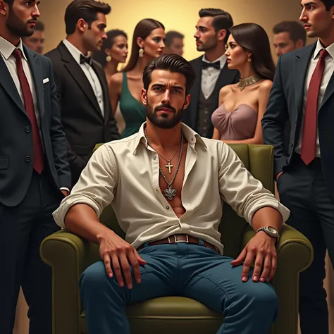 Image of a man in jeans and a shirt wearing a cross around his neck sitting in an armchair with a languid face while surrounded by luxuriously dressed men and women who keep talking to him. 