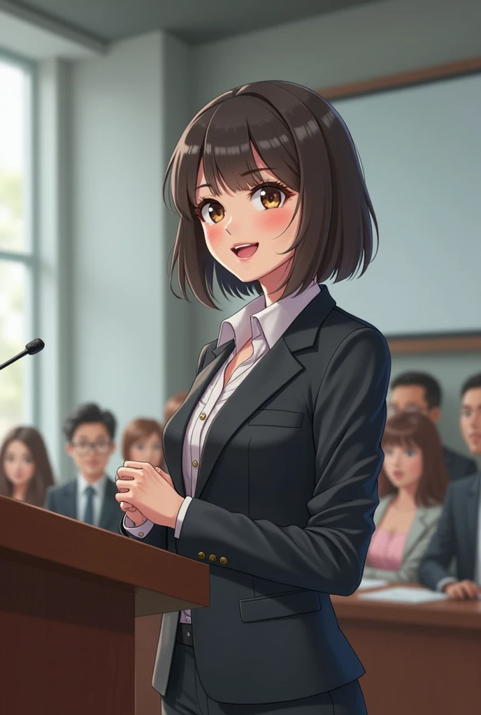 Beautiful woman in a suit with a Anime Bob smiles、Lecturer