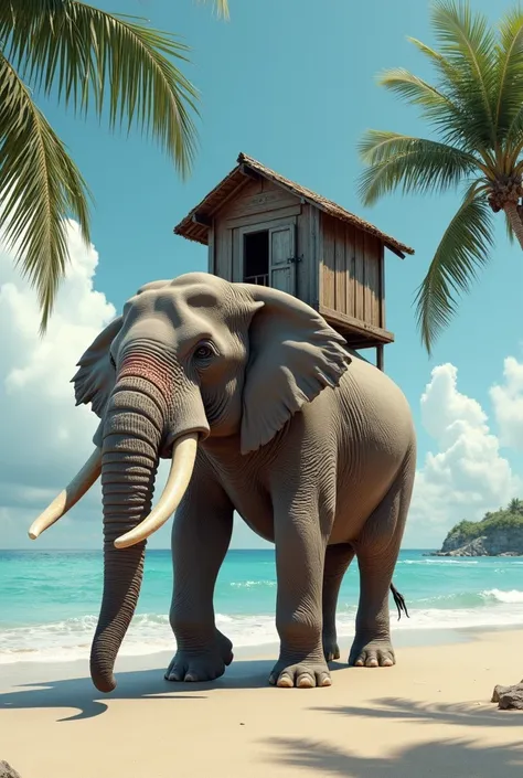 An elephant with a beach hut on his back, realistic composition, proportions correct, realistic scene.