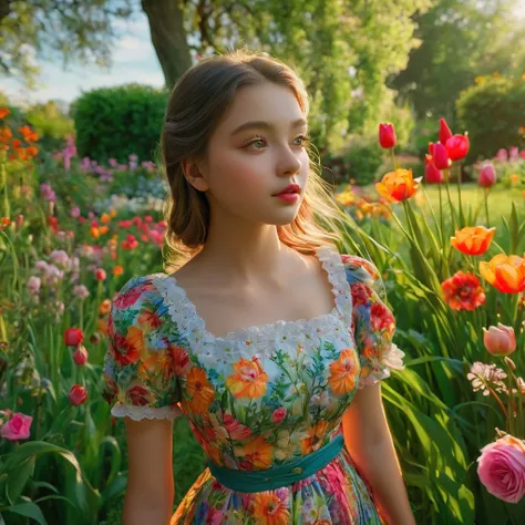 An insanely detailed, ultra-detailed, hyper-realistic masterpiece:1.2, in the Dollette style:1.1. It depicts a scene of a girl standing in a vibrant garden. The girl has beautiful detailed eyes, beautiful detailed lips, and an extremely detailed face. Her ...