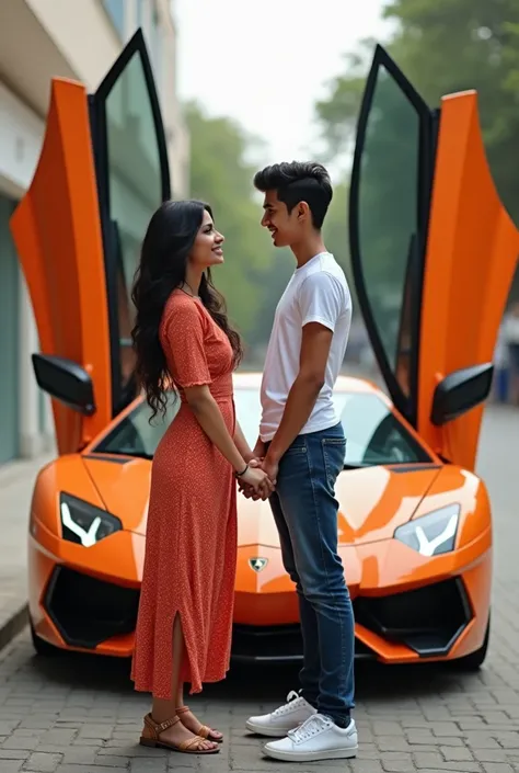  brother age is 23 and sister  age is 27 photo sister is elder and brother is younger in rocking pose near Lamborghini doors one side brother and another side sister but brothers height is bigger than sisters height indian look