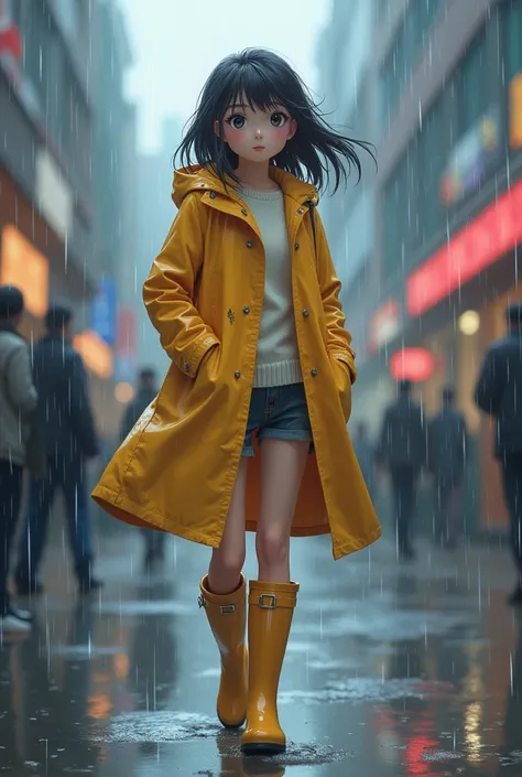 I want it to be
 an advertisement. there will be a woman waring a raincoat with boots on it should be like an anime woman the rain coat should be plain i 