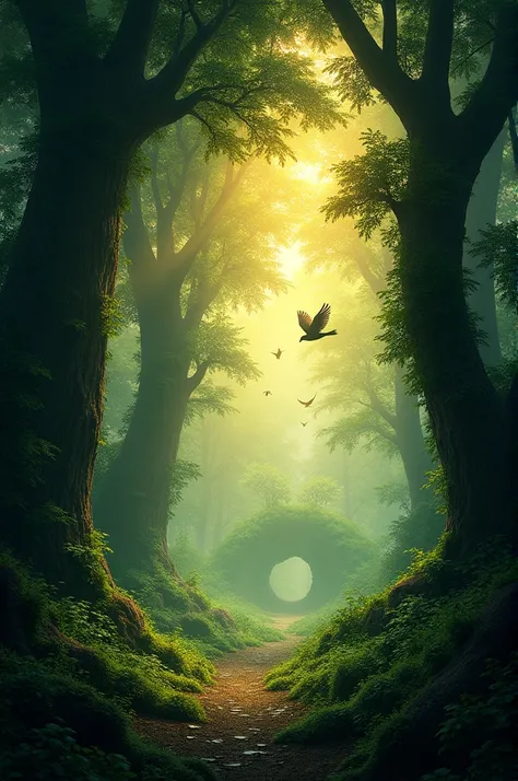 Introduction of the Forest
**Prompt**: "A dense, mystical forest with tall trees, dark shadows, and thick foliage. Birds are flying around, and the setting sun casts an orange glow. In the background, theres a hidden cave or tree hollow, creating a mysteri...