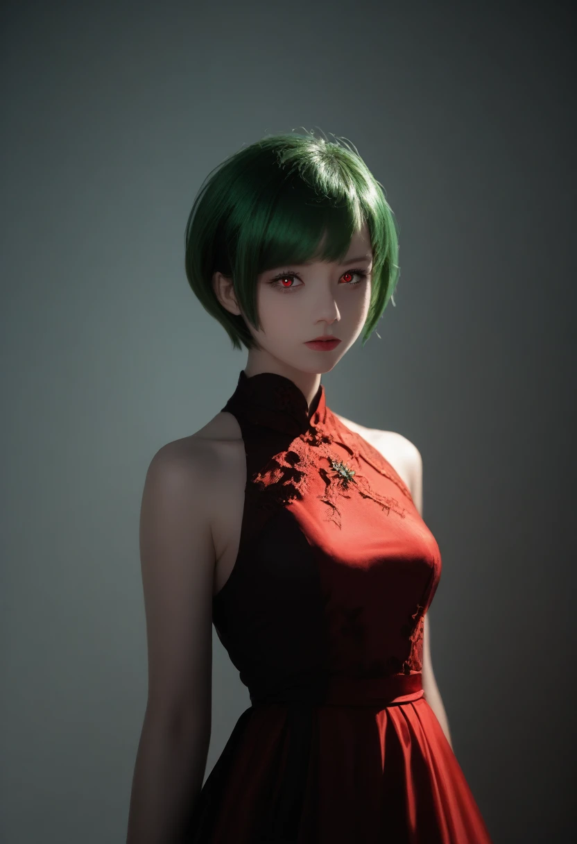 1 girl, green hair, red eyes, dress, short hair, (one:1.3),