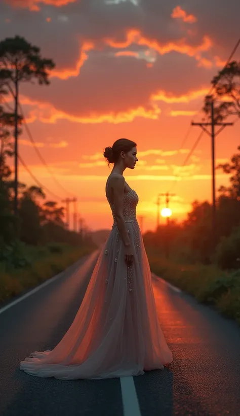 a photorealistic ultra-detailed 8k HDR portrait of a beautiful woman with hyperrealistic facial features, long lashes, piercing eyes, delicate lips, and elegant facial structure, standing on an endless road watching a breathtaking sunrise, wearing a gorgeo...