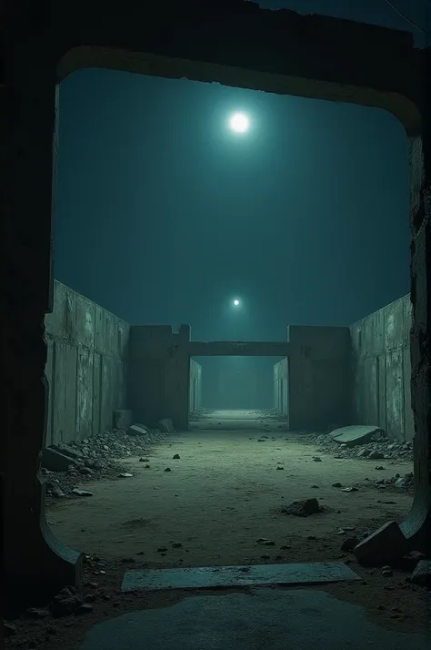 image inside an enemy military complex with broken concrete walls, with all the lights off, in a clearing, in the middle of the desert, surrounded by rubble. Image at night from inside the complex