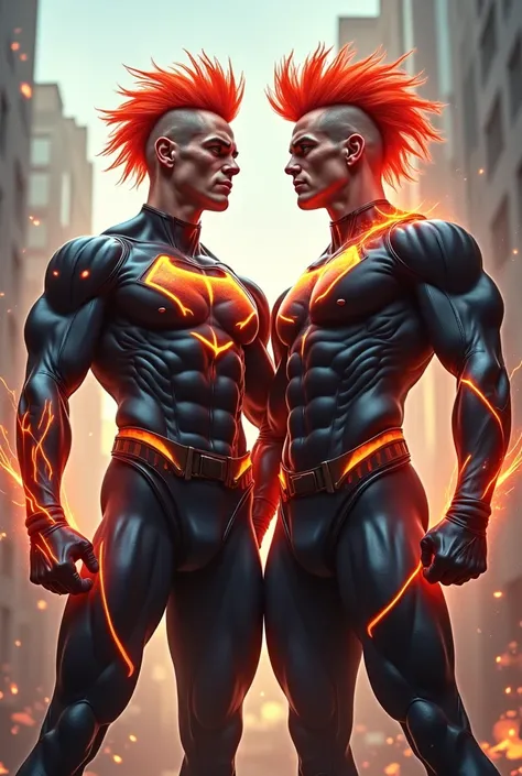 Two white superhero twin men with red hair 