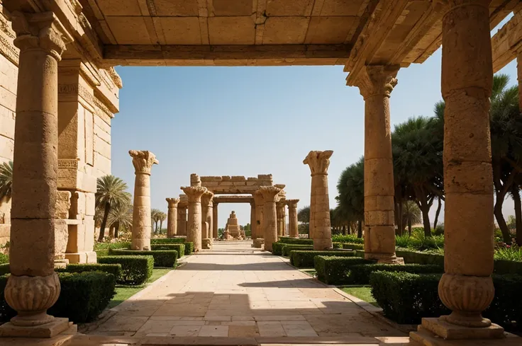 An imaginative picture of the gardens in the Cleopatras Palace, an idilic place themed in the ancient egyptian style