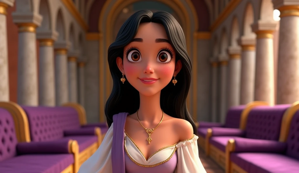 "A young woman in Disney style with large, expressive brown eyes and a warm, friendly smile. She has long, straight black hair and thick, well-shaped eyebrows. Her skin is smooth and slightly flushed with rosy cheeks, giving her a lively, vibrant look. She...