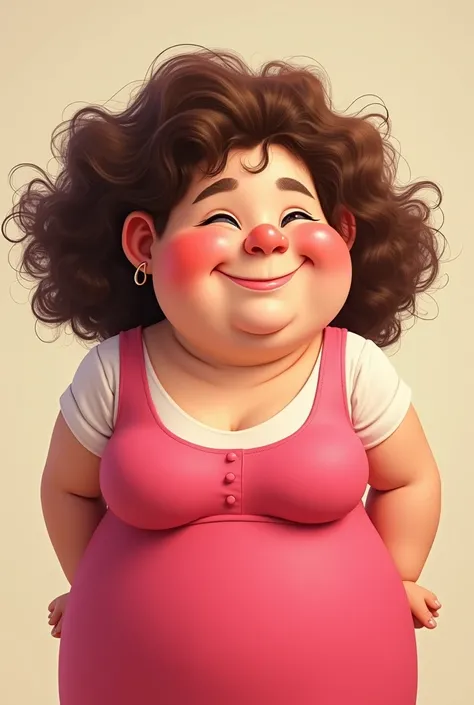 Avatar of a chubby woman with a round face, curly hair and a 2 pink dress