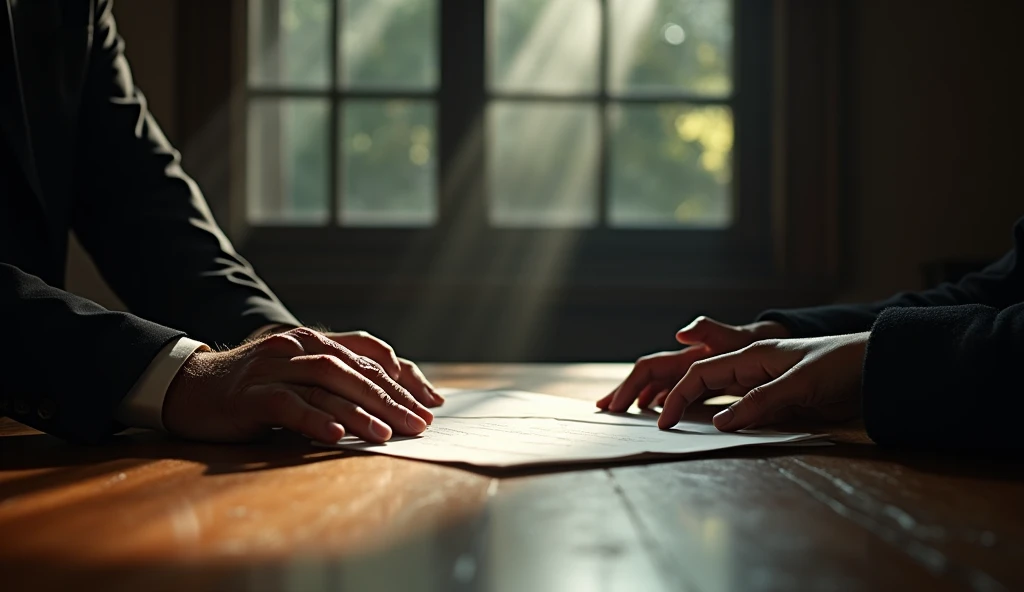 A detailed shot of Thomas Harlow’s hands placing a stack of incriminating documents on a polished wooden table. Adriana’s hands are visible in the foreground, trembling slightly as they rest on the table. The room is dimly lit, with soft light filtering th...