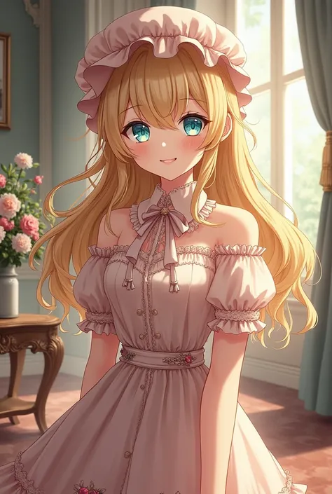 Anime girl, long wavy blonde hair, aquamarine eyes and a smile on her face with a Victorian style of clothing