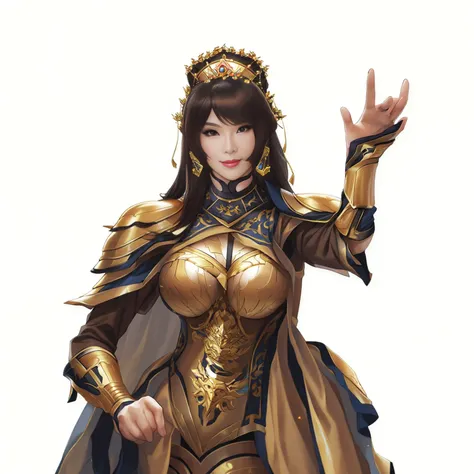 A woman in gold armor points to the features of something，，from the three kingdoms，three kingdoms of china，Dynasty Warrior Big Breast Beauty Finger