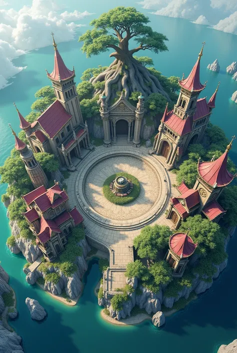 The image style is realistic Anime with a 3D style.

A giant circular continent divided into 6 cities with a large city in the middle.
The city in the middle is like a large commercial center with a tower in the center.
The other cities around follow a pat...