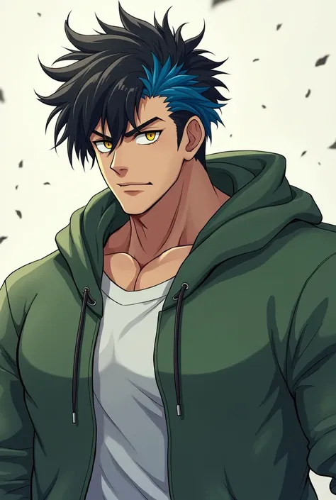 Anime Man Muscular With Black And Blue Hair, yellow eyes, green hoodie and white T-shirt