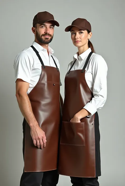 arafed man and woman in aprons posing for a picture, starbucks aprons and visors, wearing an apron, avant designer uniform, white waist apron and undershirt, crisp details, leather apron, white apron, head and shoulder shot, very crisp details, perfect det...