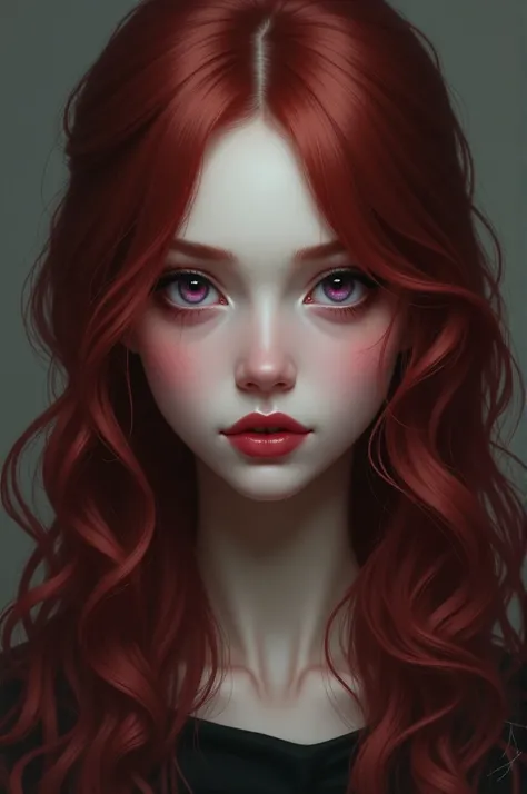 Female, pale, red long wavy hair with bangs, dull purple eyes, soft plump cherry lips. Feminine features.