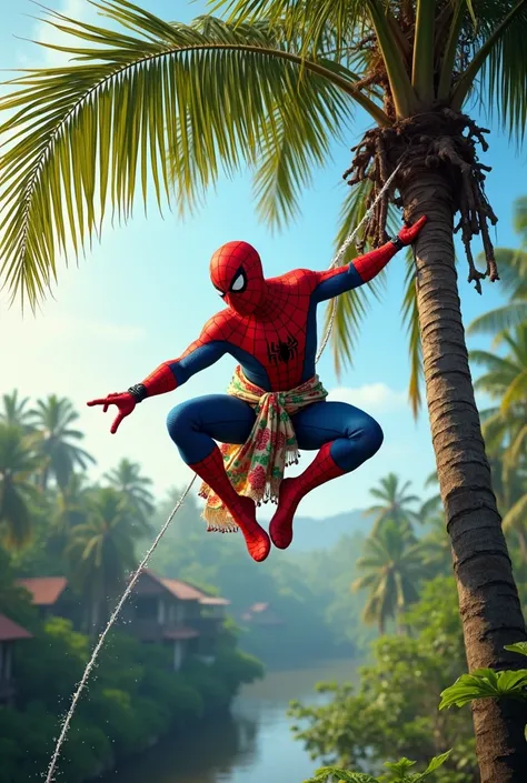 Spiderman wearing Kerala traditional dress and swing in a coconut tree in kerala