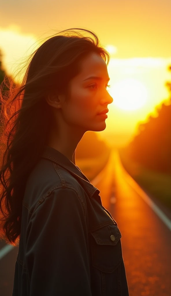 a photorealistic ultra-detailed 8k HDR portrait, standing on an endless road, watching a breathtaking sunrise, surrounded by lush greenery, shallow depth of field, moody Dutch angle lighting, vivid colors, masterful painting-like quality, warm golden hour ...