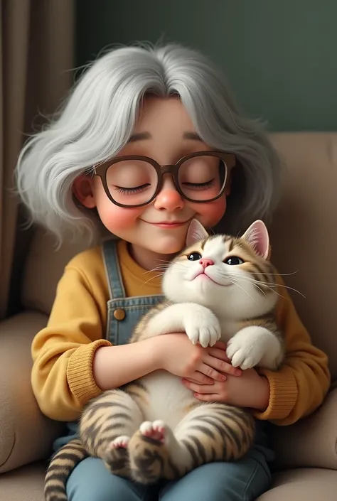 A 6 lady with glasses with a chubby white cat with some beige and black spots