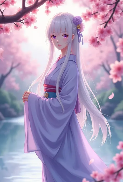 In the peaceful garden of the Fujiwara estate, Yuki gracefully stands beneath the delicate branches of a cherry blossom tree. She is an extraordinarily beautiful young Japanese woman, at 1. Her long, flowing hair is white as freshly fallen snow., cascading...