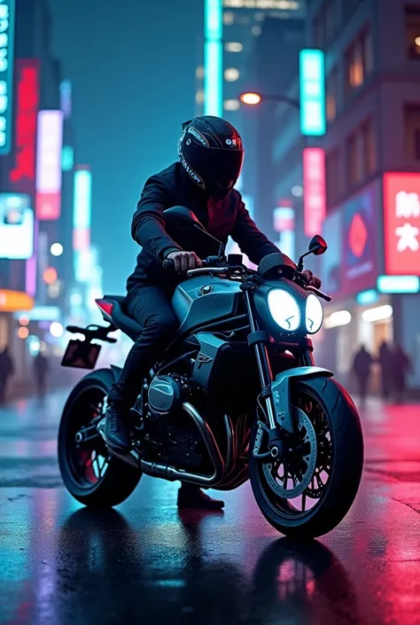 BMW gsx 1250 bike 4 cylender nakid bike a rider sit on the bike in city neon lights

