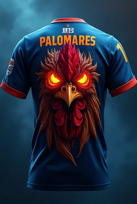 Jersey back and front black and blue with very mad chicken design (not centered) with fire eyes and surname of Palomares And number of 11 
