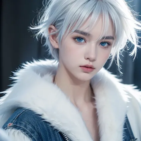 Fury，boy, Wolf, White and blue fur, young people, blue eyes, messy hair, white hair, short hair, masterpiece, Very detailed, Casual Clothing