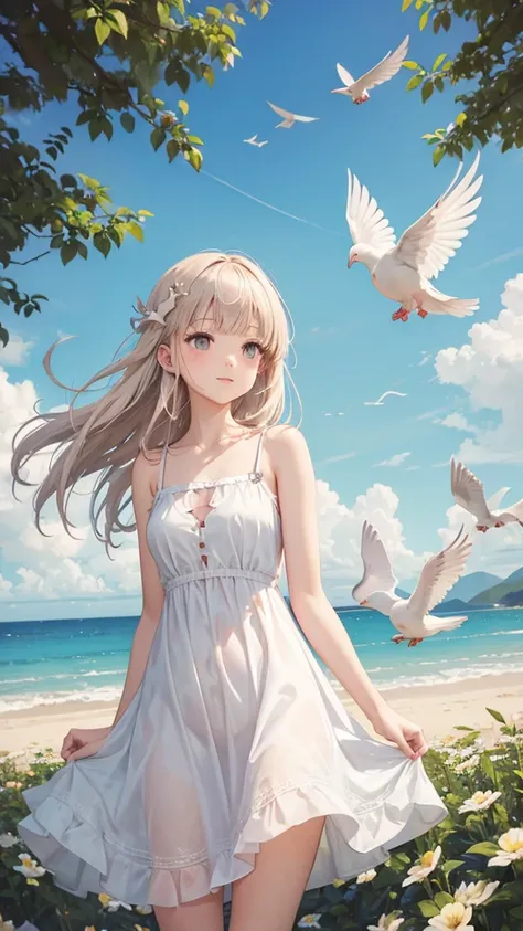 Dove girl, dove, peaceful , ((sundress, revealing,cutout)), doves