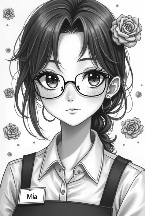 Pretty latina waitress with clear frame glasses,  roses falling from above , nametag says MIA, pencil drawing, closeup