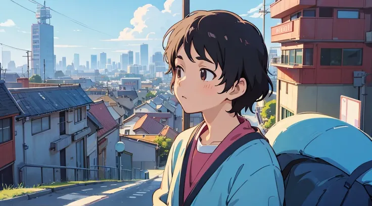 Anime man listening to music　Ghibli-style illustrations　work　City Pop　create