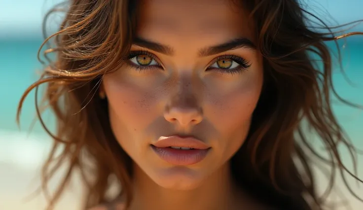 A photorealistic portrait of an incredibly beautiful tanned Brazilian model with light makeup, Photo for the cover of a fashion magazine, Highly detailed honey eyes, Realistic symmetrical face detailed, Extremely detailed natural texture, Fishing soft toys...