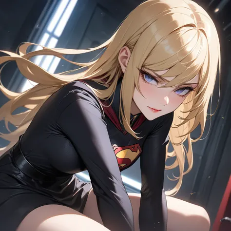 ((Best Quality)), ((masterpiece)), (detailed), （Perfect Face）、The woman who was brainwashed and trained by Lex Luthor to become a villain is the evil Supergirl, a dark heroine who wears a black costume, has blonde medium-long hair, and becomes Lex Luthor&#...