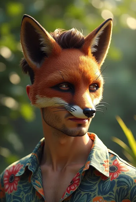 Adult male wearing a fox mask on the side of his face, brown hair, short hair, aloha shirt, summery clothing, natural background