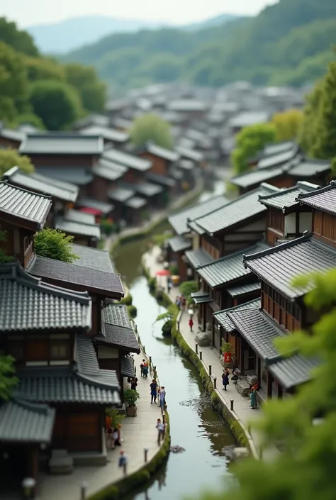 miniature photography, kyoto, japan、wide shot, bokeh, from above, town