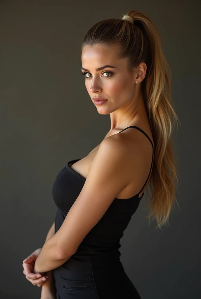 a very realistic and detailed photo of pretty swiss girl, tight black skirt, cleavage , perfect makeup,  perfect long sleek straight blonde hair with brown roots hair, high quality, photorealistic, elegant, confident, piercing brown eyes, full lips, olive ...