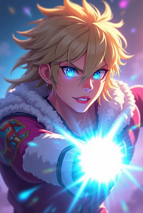 Background and sleeve in the style of boku not hero:1.5)0.9], (world of heroes:1.2) (Long messy blonde hair:1.1) (blue eyes:1.2) (using light powers:1.0) (Colourful stars in the eyes:1.0) (A radiant glow:1.1) (Full and pink lips:0.9)