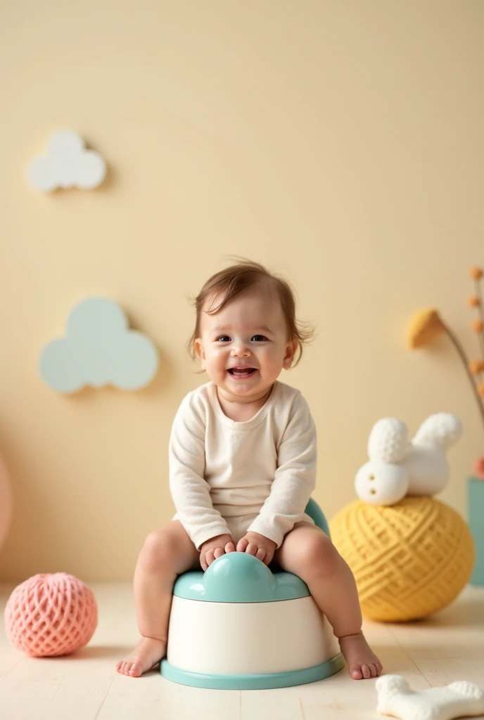 Create a playful and welcoming background for a toilet training banner featuring a real child sitting on a toddler potty. The child should have a happy or proud expression, wearing everyday clothes, and positioned naturally on the potty. In one corner, add...