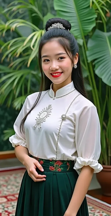 A burmese young lady and very cute with ared lip.She have a big bun.She wear myanmar( burmese)traditional white blouse and  burmese traditional pink colour htamein(longyi).She is standing on the carpet in her luxury bed room.Open Mouth, Upper Teeth, Red Li...