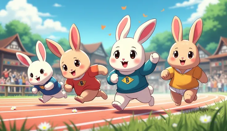 Rabbit Village&#39;s Big Sports Day、Cute rabbits competing in a relay race、detail, High-resolution model, Very detailed, Ultra high definition, smile, Illustration, Anime Style, 