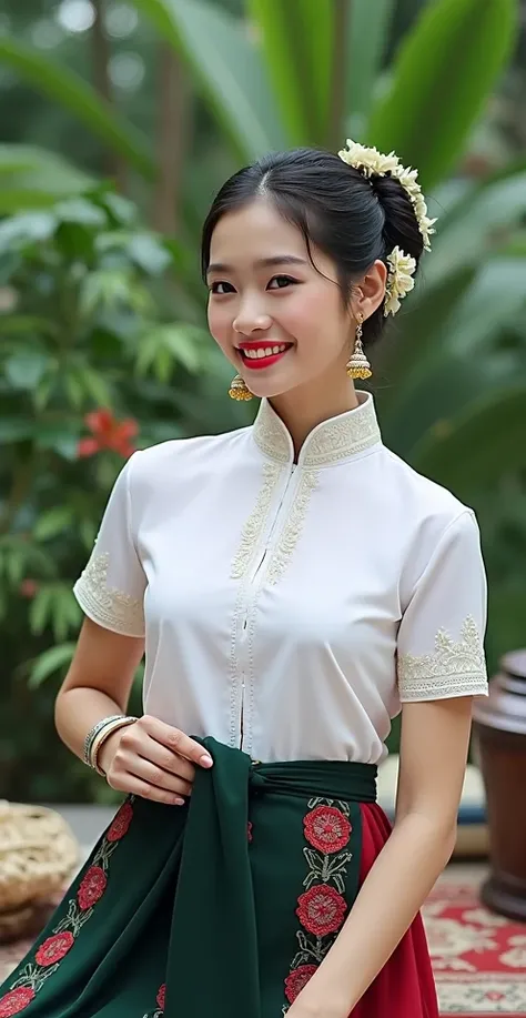 A burmese young lady and very cute with ared lip.She have a big bun.She wear myanmar( burmese)traditional white blouse and  burmese traditional pink colour htamein(longyi).She is standing on the carpet in her luxury bed room.Open Mouth, Upper Teeth, Red Li...