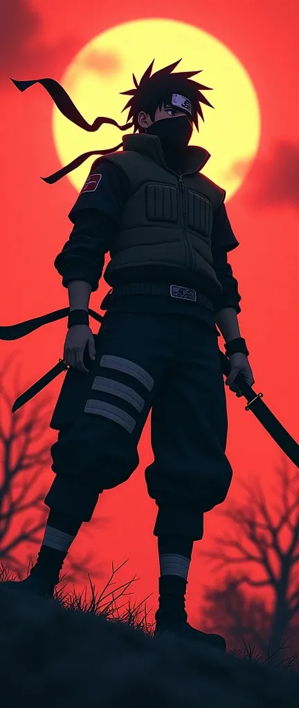 Kakashi handstand，Ninja weapons，Kunai，Looking up、Fisheye lens、photo-silhouette、masterpiece