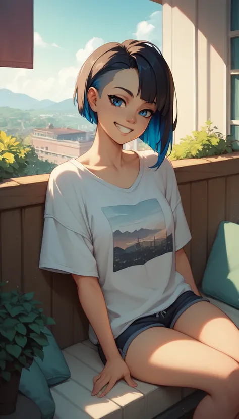 An early adult girl, age 22, dark blue eyes, medium long wolf cut hair, black colored hair, medium sized breast, using an oversized shirt, using short pants, sitting on an apartment balcony looking outside, wide grin