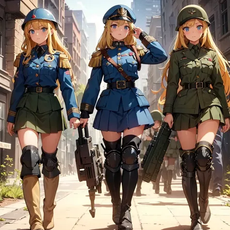 a group of beautiful and gorgeous young girls in blue military uniform, girls, young girls , warhammer 40k, world war ii military uniform , blonde hair , skirt , helmets, shoulder pads, knee pads, boots