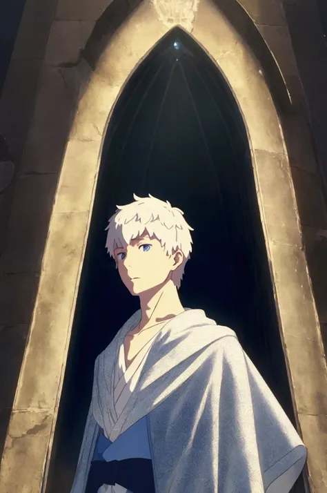 masterpiece, best quality,((1man)), white short hair,expressionless face,blue eyes,fair skin, adventurer robe,mysterious