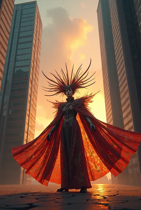 Costume standing between sky scrapers at sunset